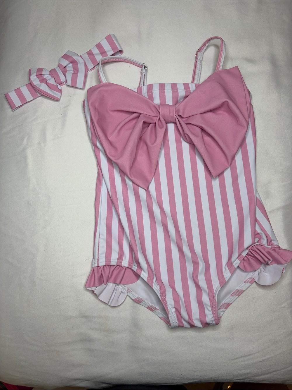 Pink & White Striped Bow One-Piece Swimsuit with matching headband